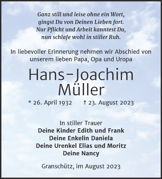 Traueranzeige von Hans-Joachim Müller von Trauerkombi Weißenfels