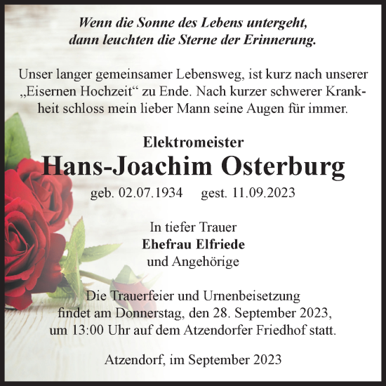 Traueranzeige von Hans-Joachim Osterburg von Volksstimme Staßfurt