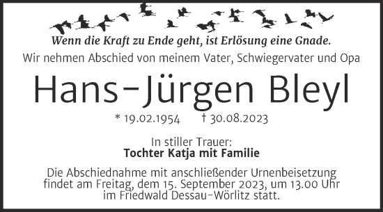Traueranzeige von Hans-Jürgen Bleyl von Trauerkombi Dessau