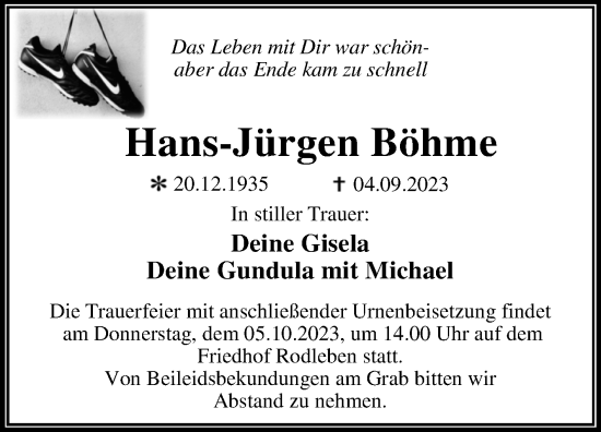 Traueranzeige von Hans-Jürgen Böhme von Trauerkombi Dessau