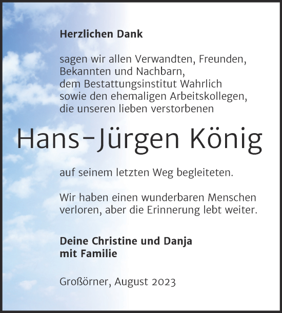 Traueranzeige von Hans-Jürgen König von Trauerkombi Mansfelder Land