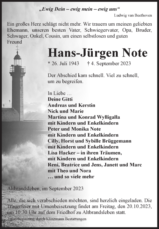 Traueranzeige von Hans-Jürgen Note von Volksstimme Oschersleben/Wanzleben
