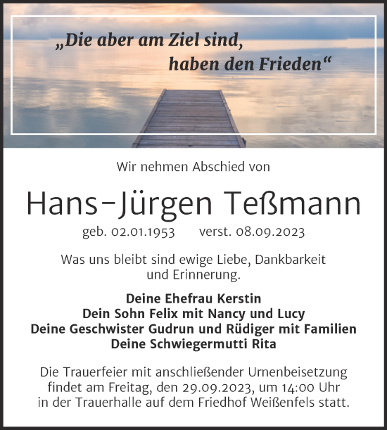 Traueranzeige von Hans-Jürgen Teßmann von Trauerkombi Weißenfels