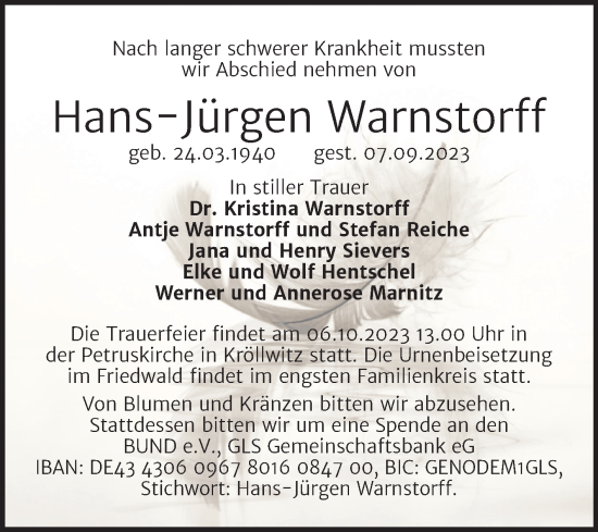 Traueranzeige von Hans-Jürgen Warnstorff von Mitteldeutsche Zeitung Halle/Saalkreis