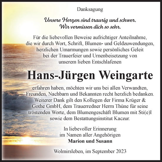 Traueranzeige von Hans-Jürgen Weingarte von Volksstimme Staßfurt