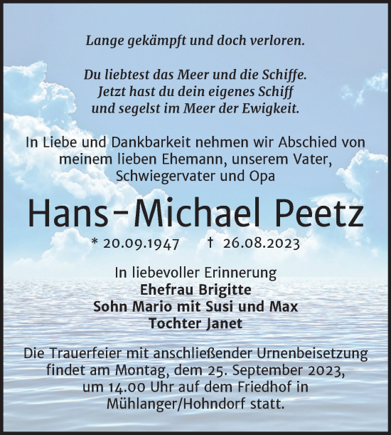 Traueranzeige von Hans-Michael Peetz von Trauerkombi Wittenberg