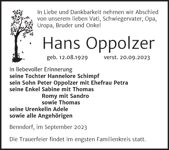 Traueranzeige von Hans Oppolzer von Trauerkombi Mansfelder Land