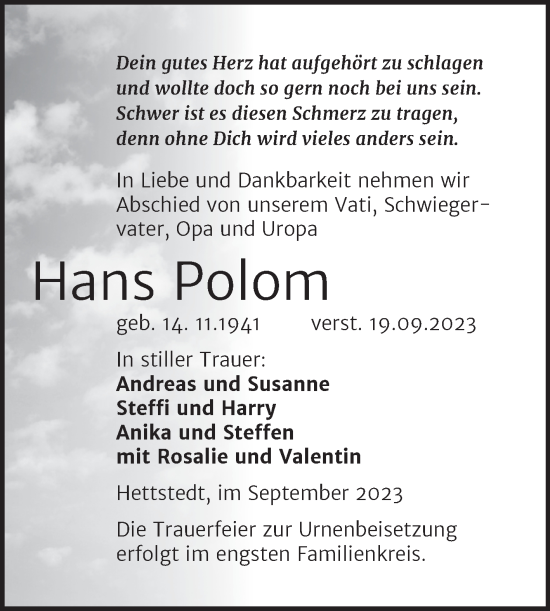 Traueranzeige von Hans Polom von Trauerkombi Mansfelder Land