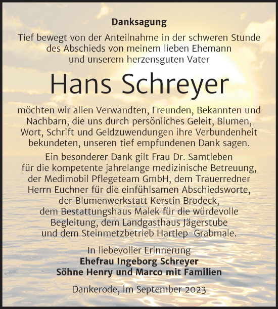 Traueranzeige von Hans Schreyer von Trauerkombi Quedlinburg
