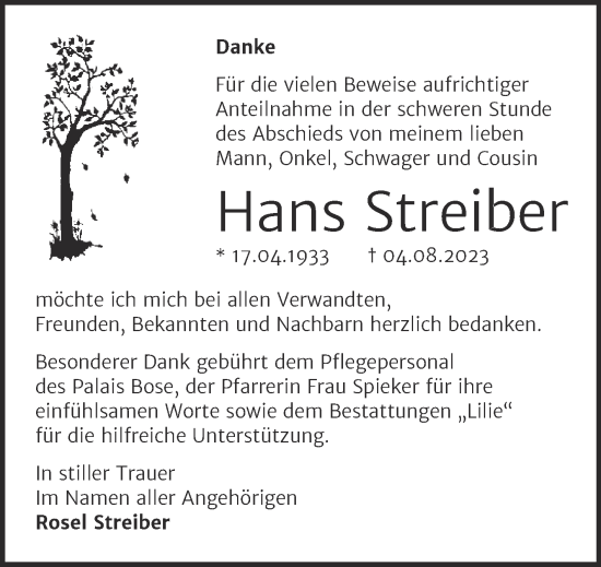 Traueranzeige von Hans Streiber von Trauerkombi Dessau