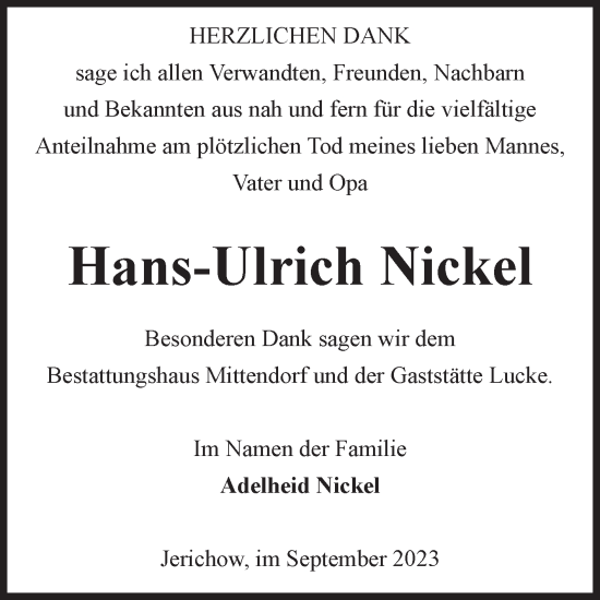Traueranzeige von Hans-Ulrich Nickel von Volksstimme Burg/Genthin