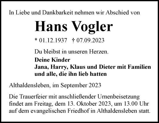 Traueranzeige von Hans Vogler von Volksstimme Haldensleben/Wolmirstedt