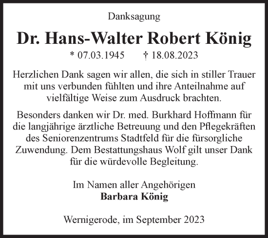 Traueranzeige von Hans-Walter Robert König von Volksstimme Wernigerode