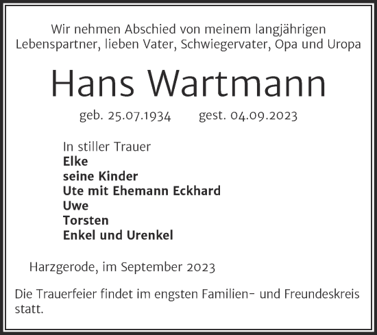 Traueranzeige von Hans Wartmann von Super Sonntag Quedlingburg