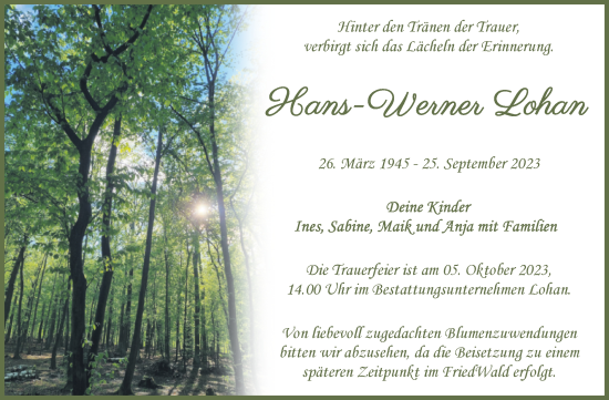 Traueranzeige von Hans-Werner Lohan von Trauerkombi Bitterfeld