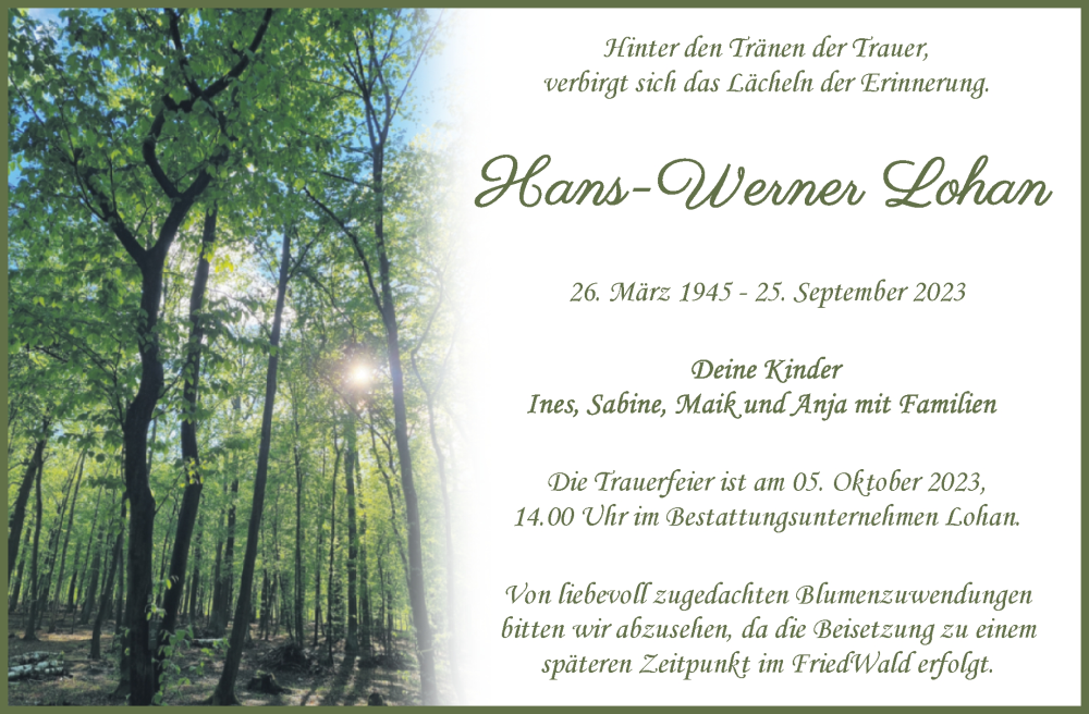  Traueranzeige für Hans-Werner Lohan vom 30.09.2023 aus Trauerkombi Bitterfeld