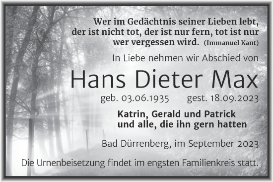 Traueranzeige von Hans Dieter Max von Trauerkombi Merseburg