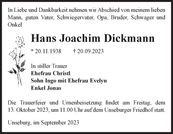 Traueranzeige von Hans Joachim Dickmann von Volksstimme Staßfurt
