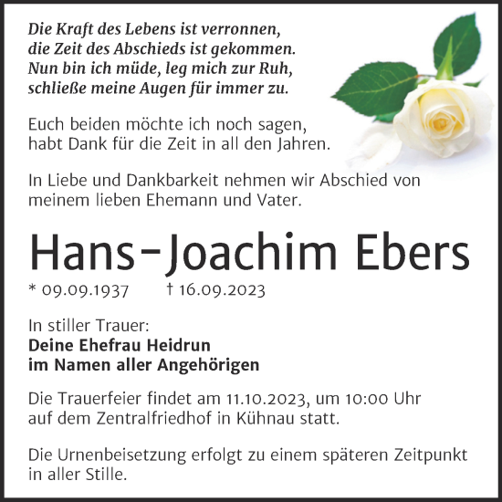 Traueranzeige von Hans Joachim Ebers von Trauerkombi Dessau