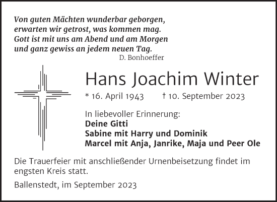 Traueranzeige von Hans Joachim Winter von Trauerkombi Quedlinburg