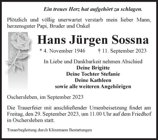 Traueranzeige von Hans Jürgen Sossna von Volksstimme Oschersleben/Wanzleben