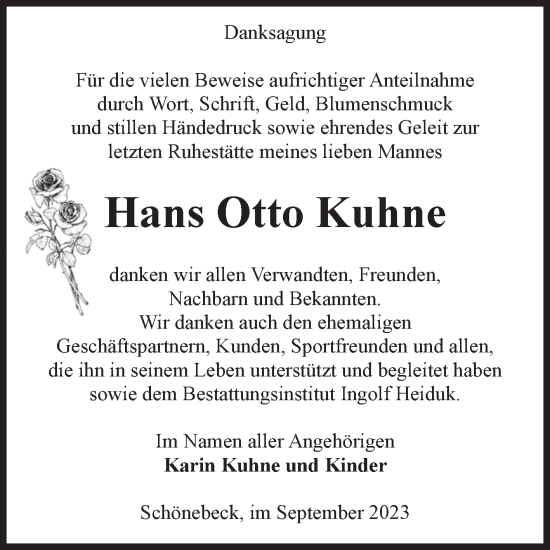 Traueranzeige von Hans Otto Kuhne von Volksstimme Schönebeck