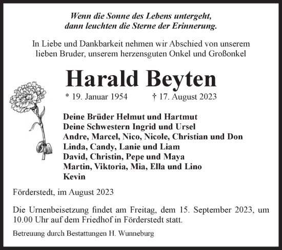 Traueranzeige von Harald Beyten von Volksstimme Staßfurt
