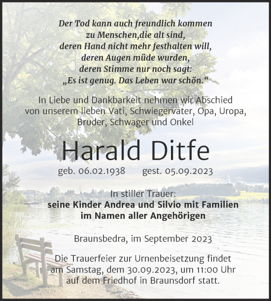 Traueranzeige von Harald Ditfe von Trauerkombi Merseburg