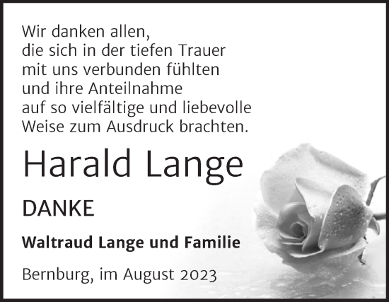 Traueranzeige von Harald Lange von Trauerkombi Bernburg