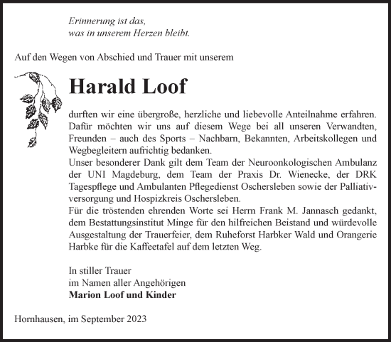 Traueranzeige von Harald Loof von Volksstimme Oschersleben/Wanzleben