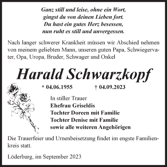 Traueranzeige von Harald Schwarzkopf von Volksstimme Staßfurt