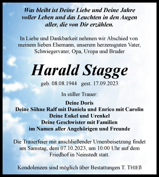 Traueranzeige von Harald Stagge von Trauerkombi Quedlinburg