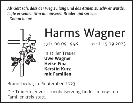 Traueranzeige von Harms Wagner von Trauerkombi Merseburg