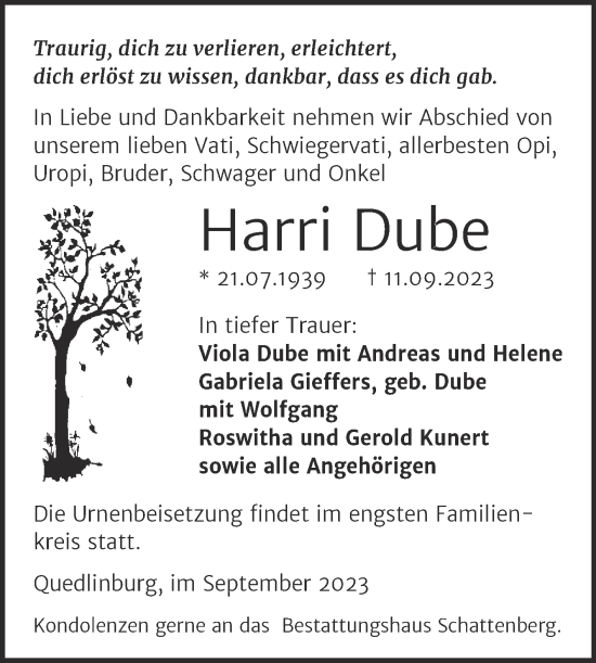 Traueranzeige von Harri Dube von Trauerkombi Quedlinburg