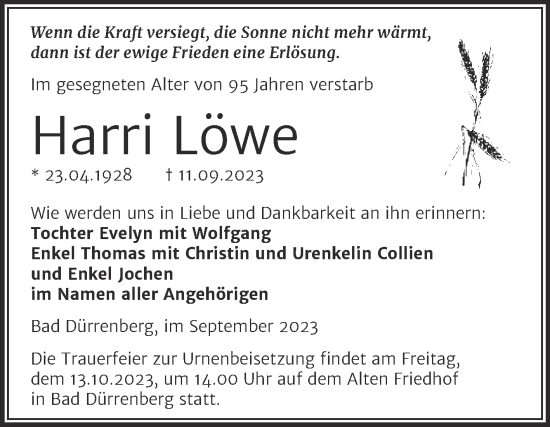 Traueranzeige von Harri Löwe von Trauerkombi Merseburg
