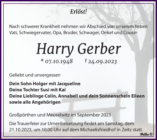 Traueranzeige von Harry Gerber von Trauerkombi Zeitz
