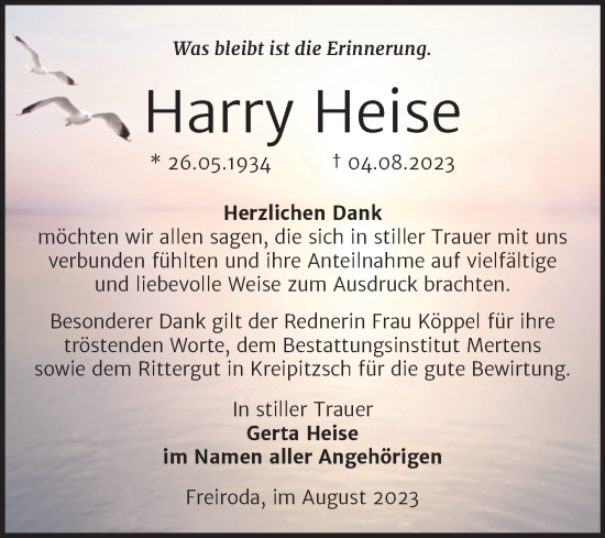 Traueranzeige von Harry Heise von Wochenspiegel Naumburg/Nebra