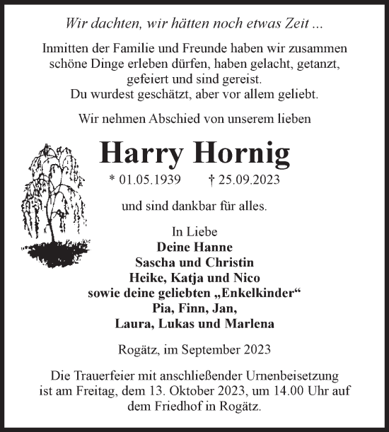 Traueranzeige von Harry Hornig von Volksstimme Haldensleben/Wolmirstedt