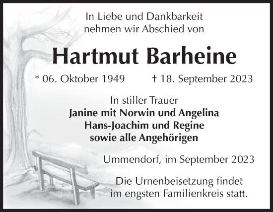 Traueranzeige von Hartmut Barheine von Volksstimme Oschersleben/Wanzleben
