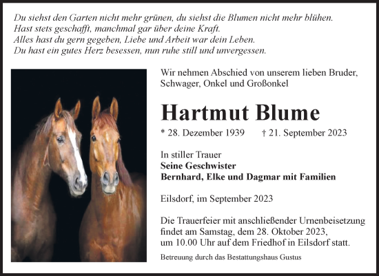 Traueranzeige von Hartmut Blume von Volksstimme Halberstadt