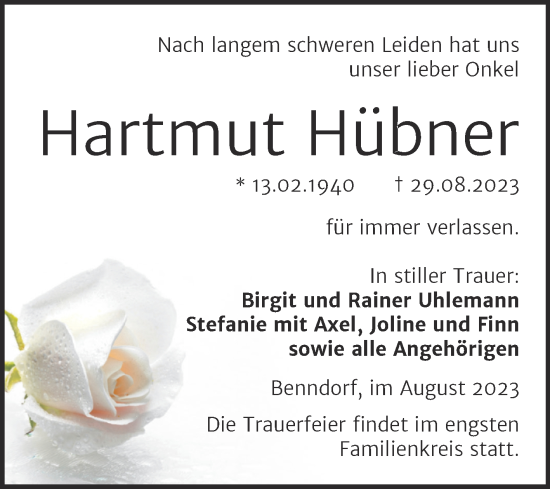 Traueranzeige von Hartmut Hübner von Trauerkombi Mansfelder Land