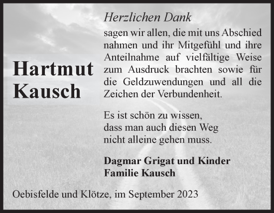 Traueranzeige von Hartmut Kausch von Volksstimme Altmark West