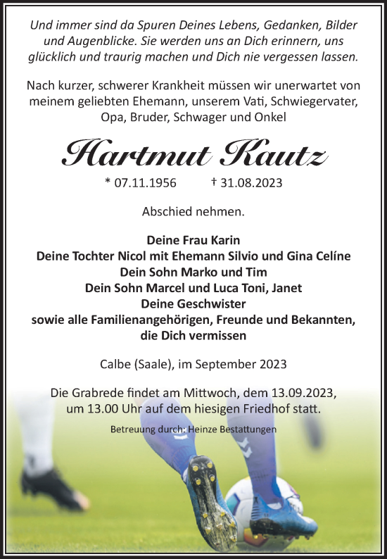 Traueranzeige von Hartmut Kautz von Volksstimme Schönebeck