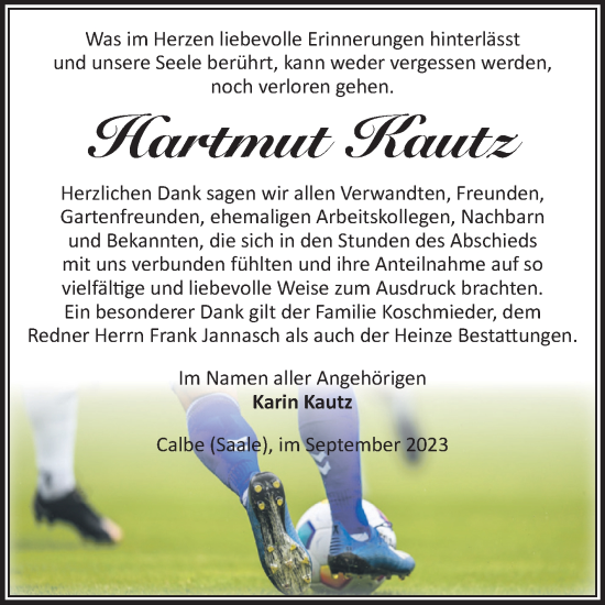 Traueranzeige von Hartmut Kautz von Volksstimme Schönebeck