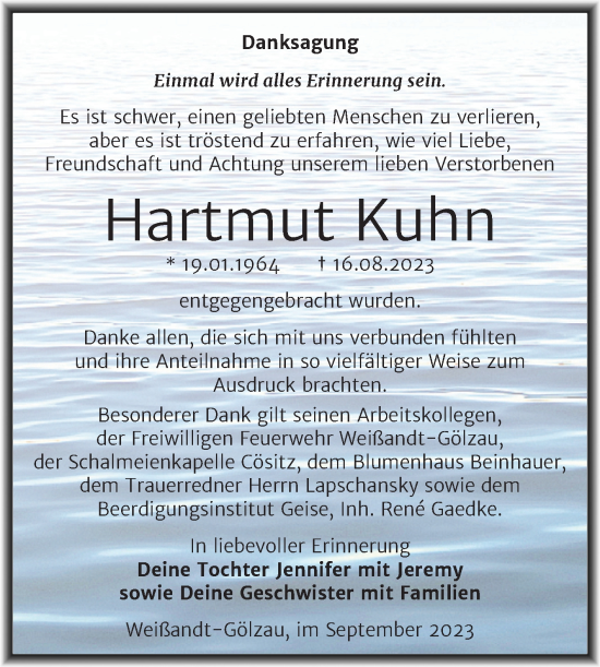 Traueranzeige von Hartmut Kuhn von Trauerkombi Köthen