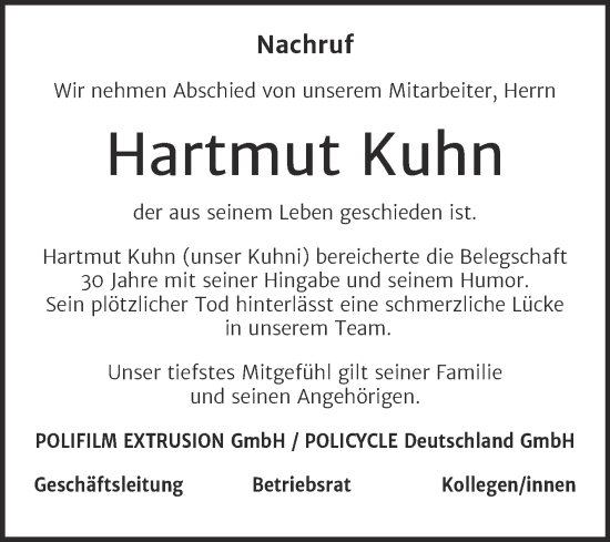 Traueranzeige von Hartmut Kuhn von Mitteldeutsche Zeitung Köthen