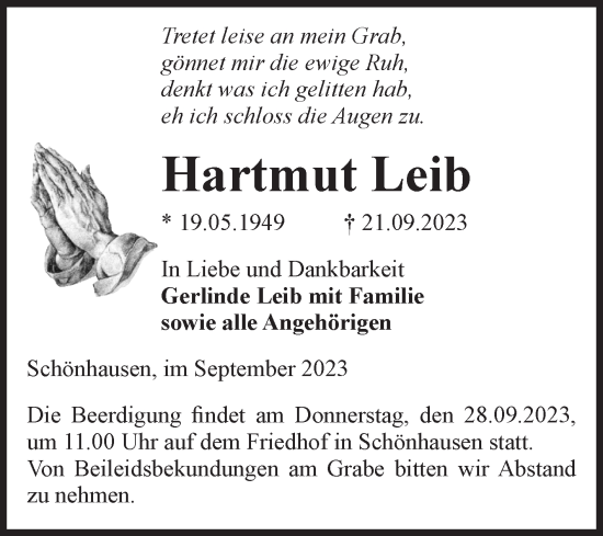 Traueranzeige von Hartmut Leib von Volksstimme Altmark Ost