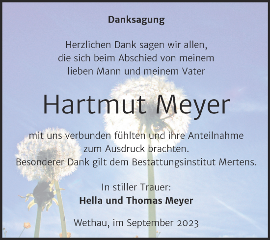 Traueranzeige von Hartmut Meyer von Naumburger Tageblatt