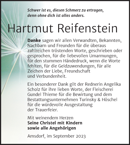 Traueranzeige von Hartmut Reifenstein von Trauerkombi Mansfelder Land