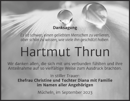 Traueranzeige von Hartmut Thrun von Trauerkombi Quedlinburg